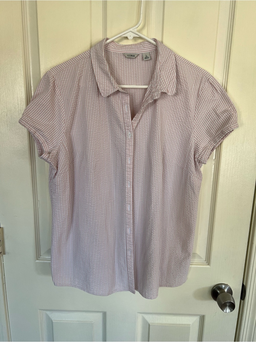 L.L.Bean Cotton Seersucker Short Sleeve Blouse Pink Stripe L